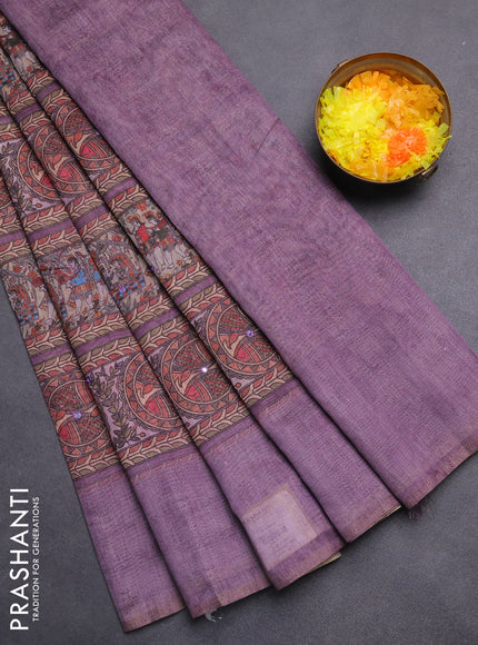 Semi linen saree lavender with allover madhubani prints & mirror work