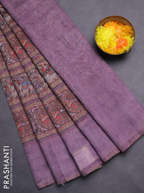 Semi linen saree lavender with allover madhubani prints & mirror work