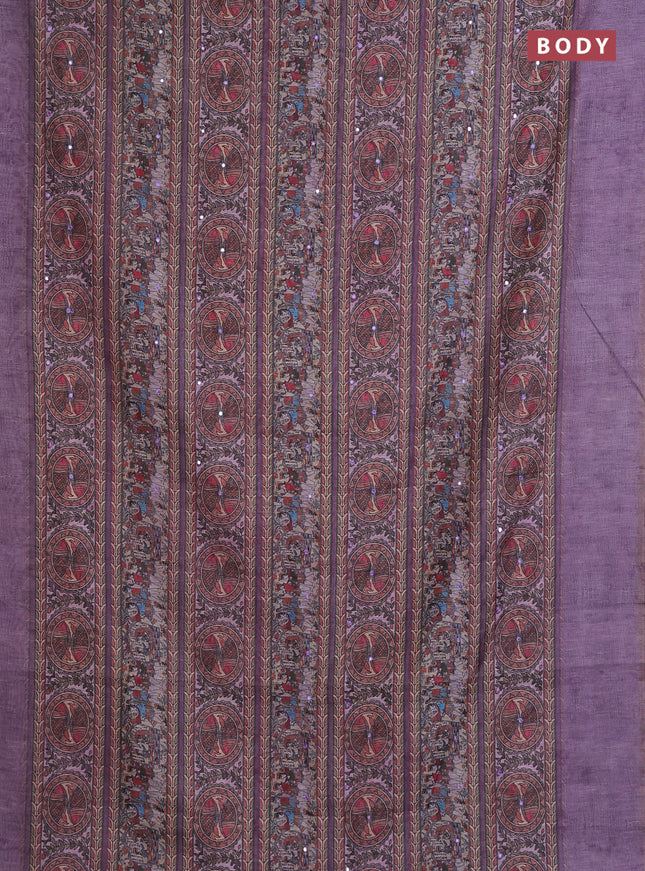 Semi linen saree lavender with allover madhubani prints & mirror work