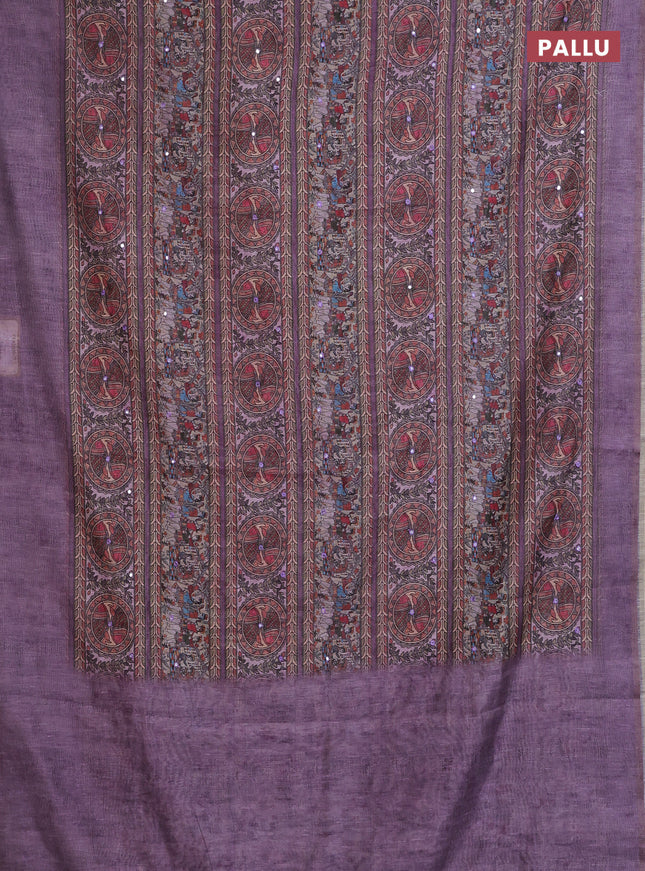 Semi linen saree lavender with allover madhubani prints & mirror work