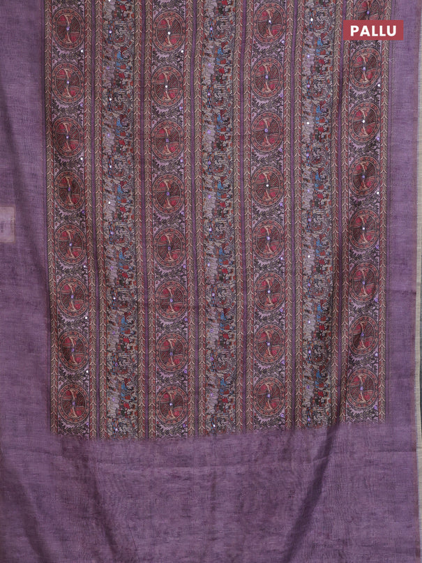 Semi linen saree lavender with allover madhubani prints & mirror work