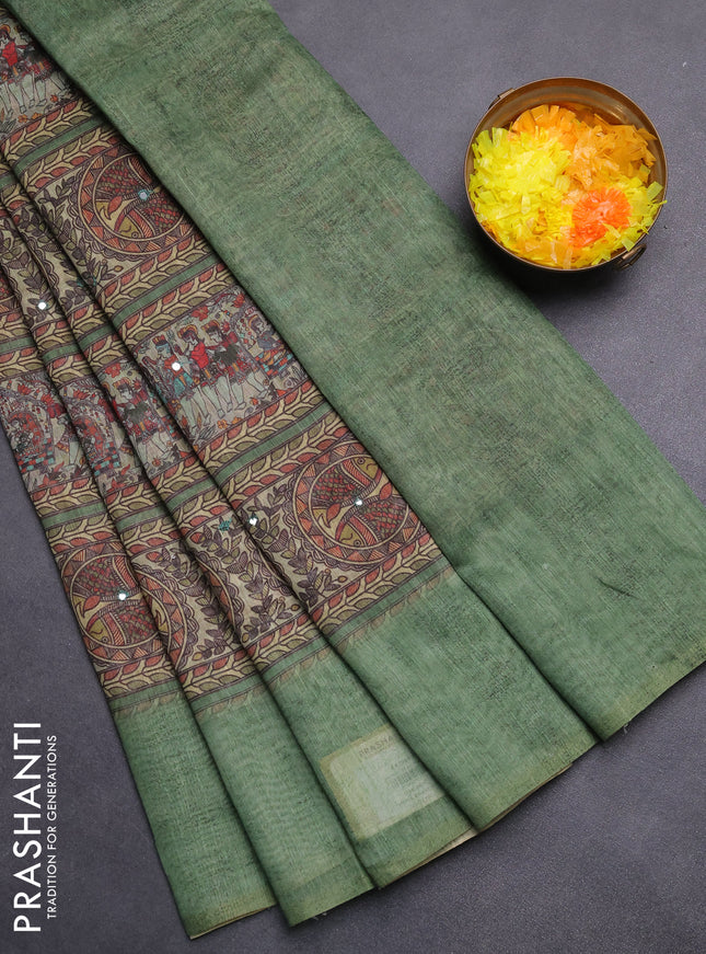 Semi linen saree green with allover madhubani prints & mirror work
