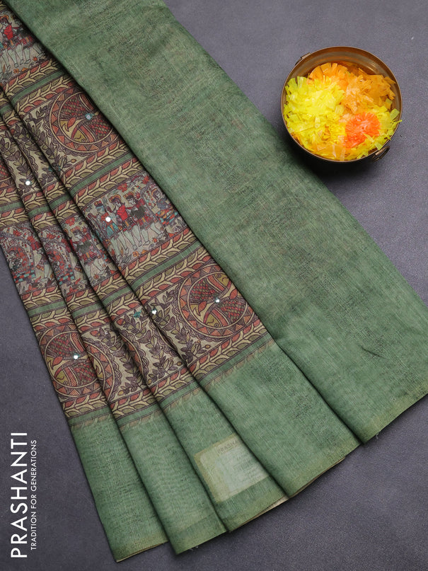 Semi linen saree green with allover madhubani prints & mirror work