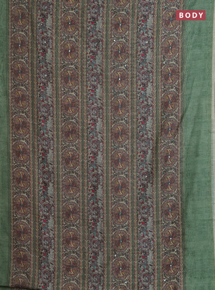 Semi linen saree green with allover madhubani prints & mirror work