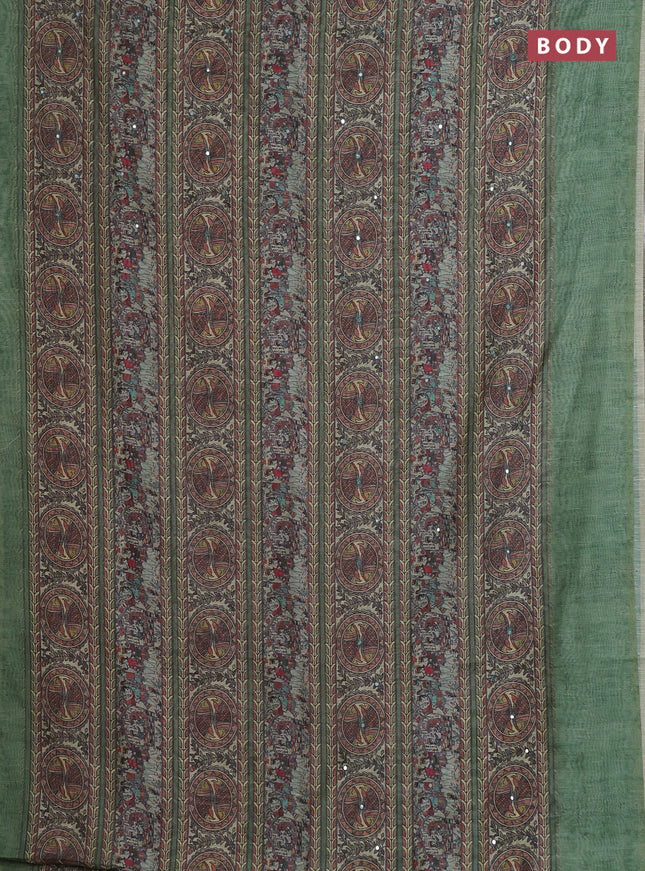 Semi linen saree green with allover madhubani prints & mirror work