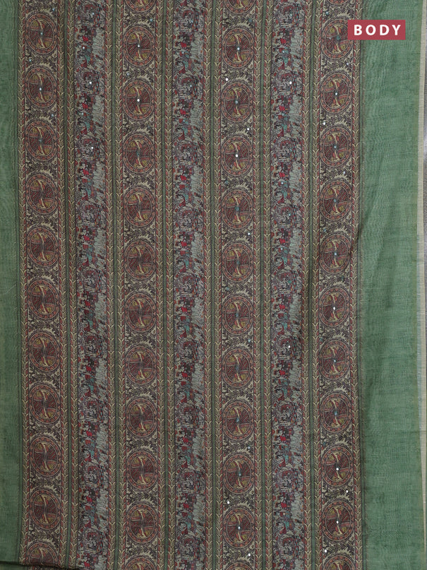 Semi linen saree green with allover madhubani prints & mirror work