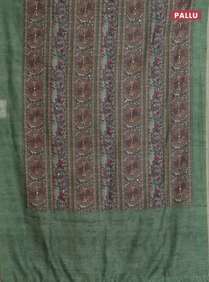 Semi linen saree green with allover madhubani prints & mirror work