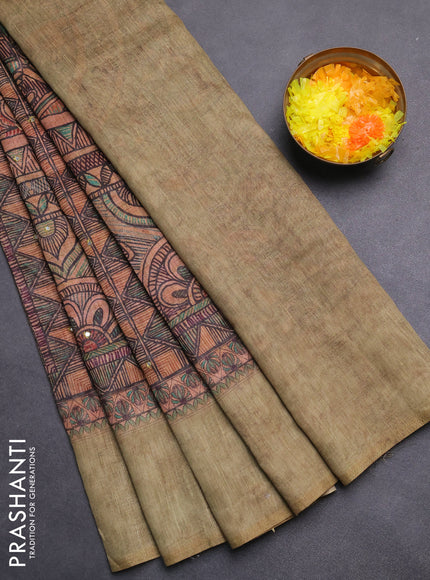 Semi linen saree sandal and green shade with allover madhubani prints & mirror work