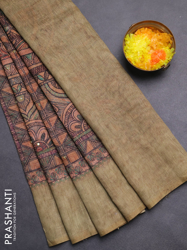 Semi linen saree sandal and green shade with allover madhubani prints & mirror work