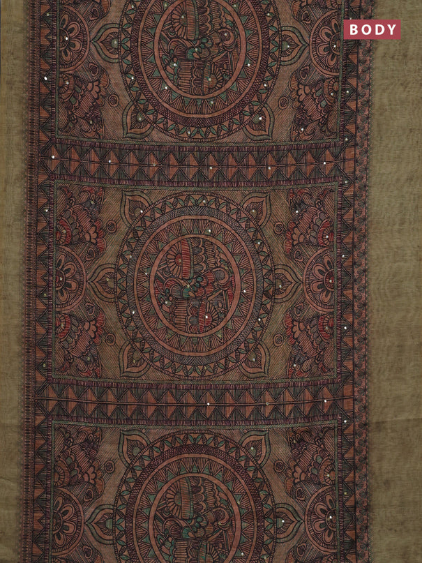 Semi linen saree sandal and green shade with allover madhubani prints & mirror work