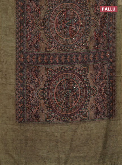 Semi linen saree sandal and green shade with allover madhubani prints & mirror work