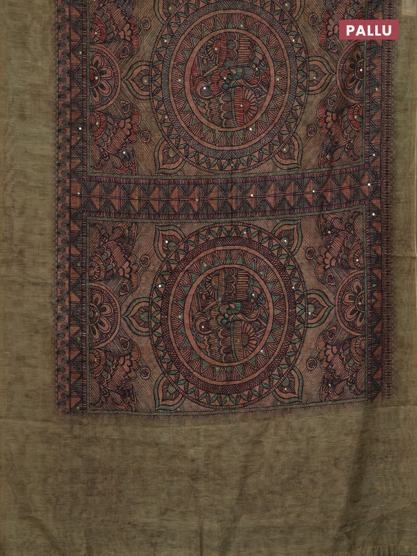 Semi linen saree sandal and green shade with allover madhubani prints & mirror work