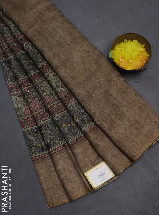 Semi linen saree beige with allover madhubani prints & mirror work