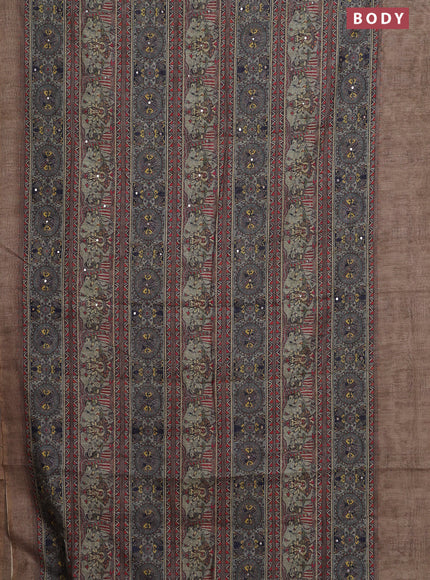 Semi linen saree beige with allover madhubani prints & mirror work