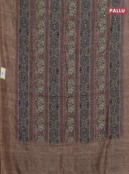 Semi linen saree beige with allover madhubani prints & mirror work