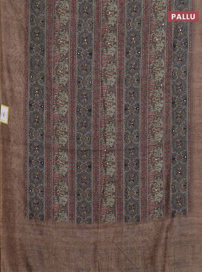 Semi linen saree beige with allover madhubani prints & mirror work