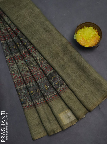 Semi linen saree pista green with allover madhubani prints & mirror work
