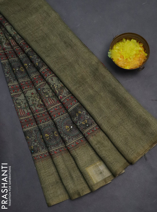 Semi linen saree pista green with allover madhubani prints & mirror work