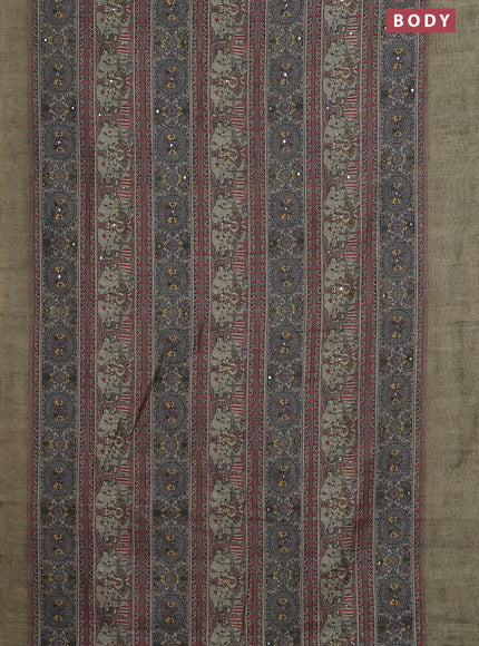 Semi linen saree pista green with allover madhubani prints & mirror work