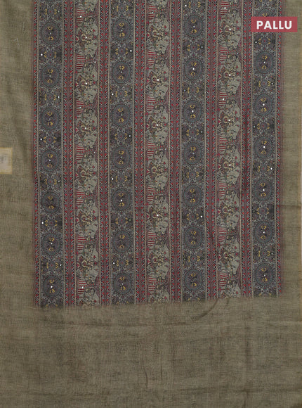 Semi linen saree pista green with allover madhubani prints & mirror work