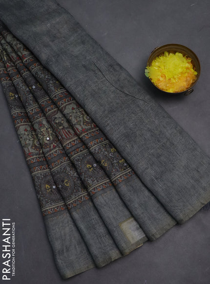 Semi linen saree grey shade with allover madhubani prints & mirror work