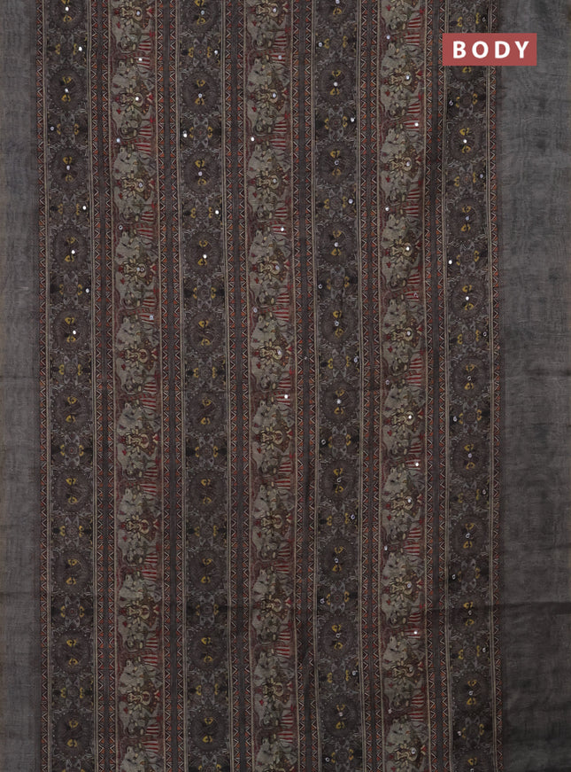 Semi linen saree grey shade with allover madhubani prints & mirror work