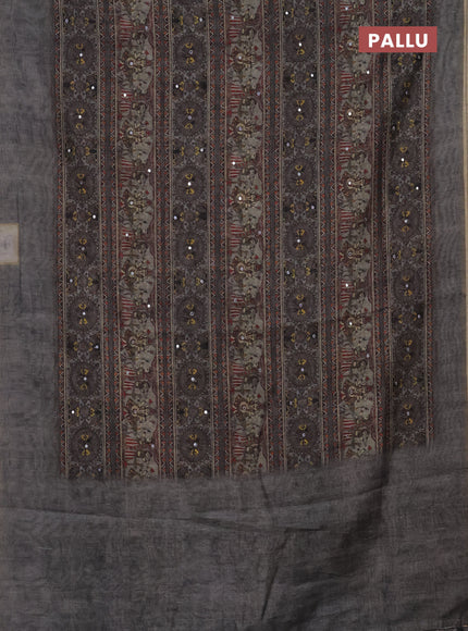 Semi linen saree grey shade with allover madhubani prints & mirror work