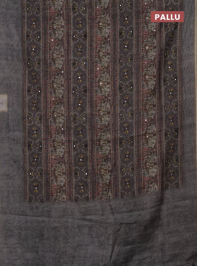 Semi linen saree grey shade with allover madhubani prints & mirror work