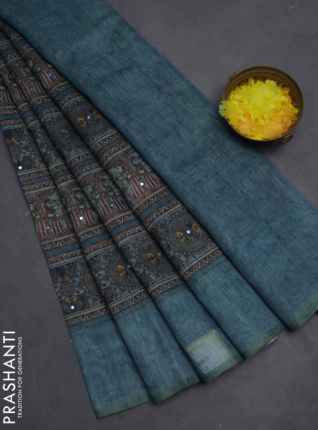 Semi linen saree blue shade with allover madhubani prints & mirror work