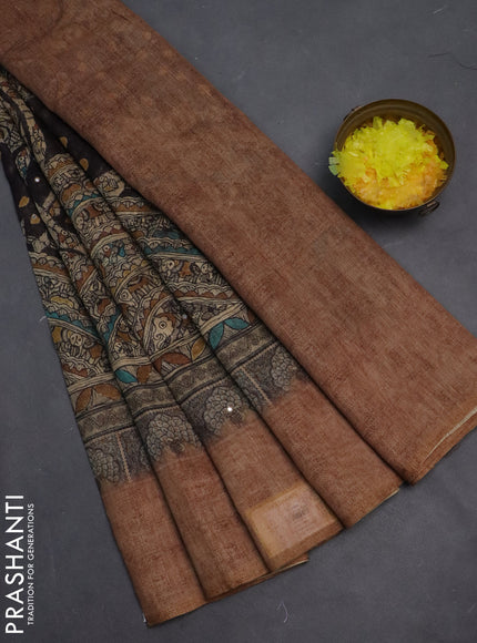 Semi linen saree brown shade with allover madhubani prints & mirror work