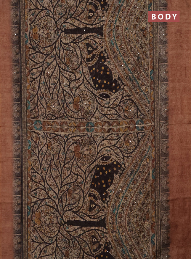 Semi linen saree brown shade with allover madhubani prints & mirror work