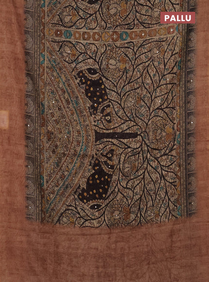 Semi linen saree brown shade with allover madhubani prints & mirror work