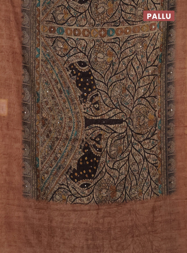 Semi linen saree brown shade with allover madhubani prints & mirror work