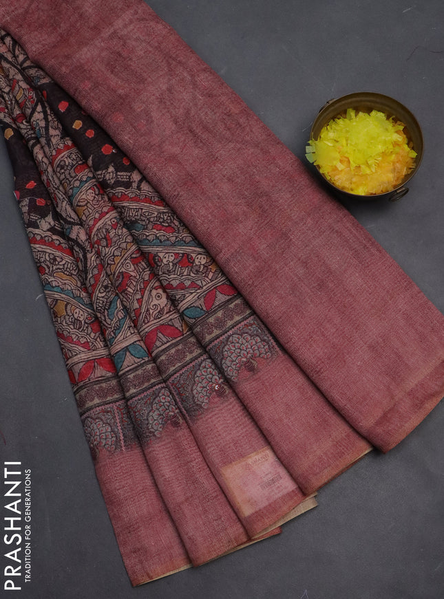 Semi linen saree maroon shade with allover madhubani prints & mirror work