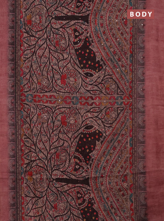 Semi linen saree maroon shade with allover madhubani prints & mirror work