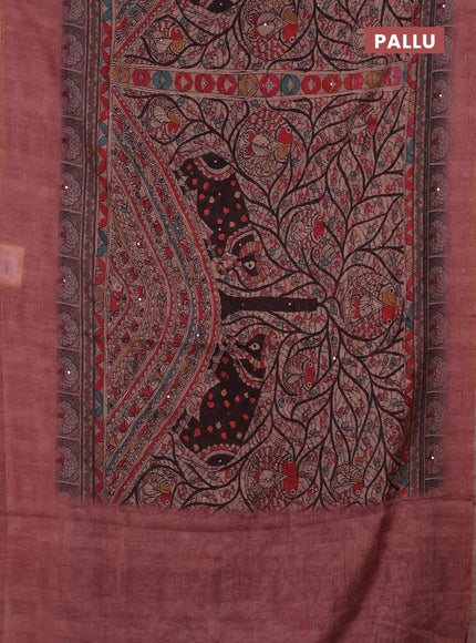 Semi linen saree maroon shade with allover madhubani prints & mirror work