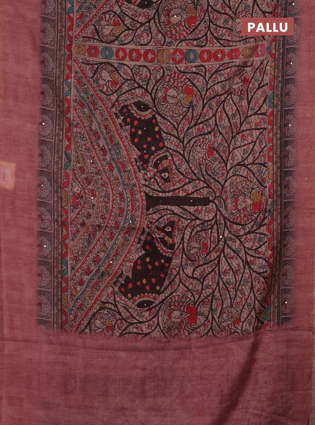 Semi linen saree maroon shade with allover madhubani prints & mirror work