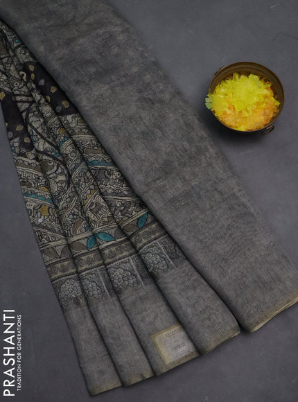 Semi linen saree grey shade with allover madhubani prints & mirror work