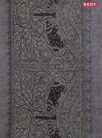 Semi linen saree grey shade with allover madhubani prints & mirror work