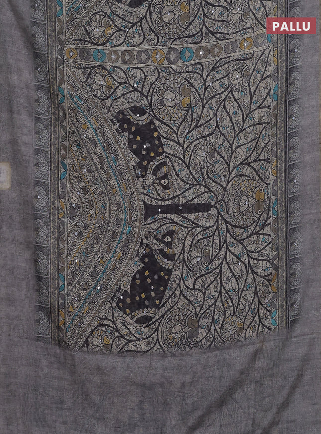 Semi linen saree grey shade with allover madhubani prints & mirror work