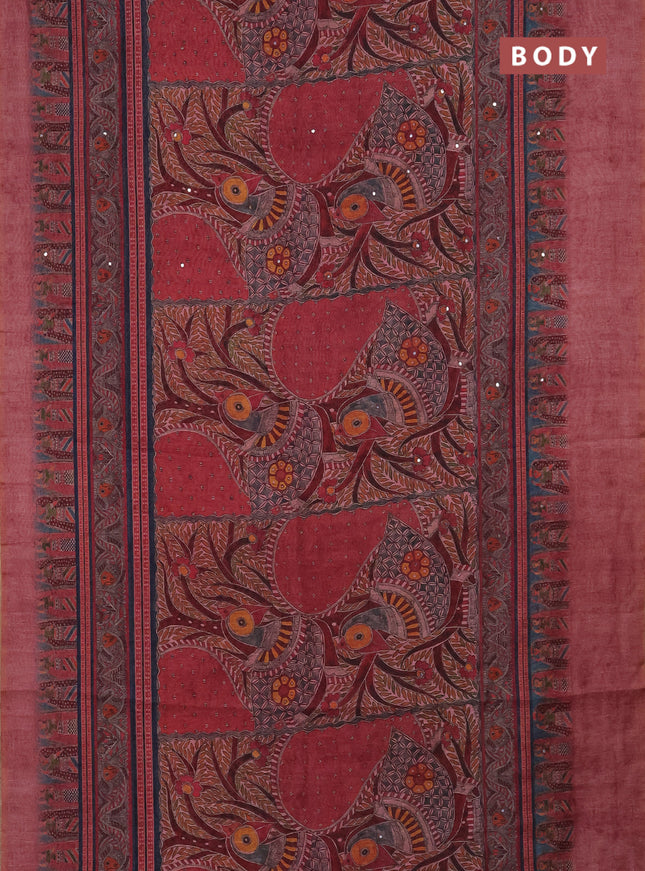 Semi linen saree maroon shade with allover madhubani prints & mirror work