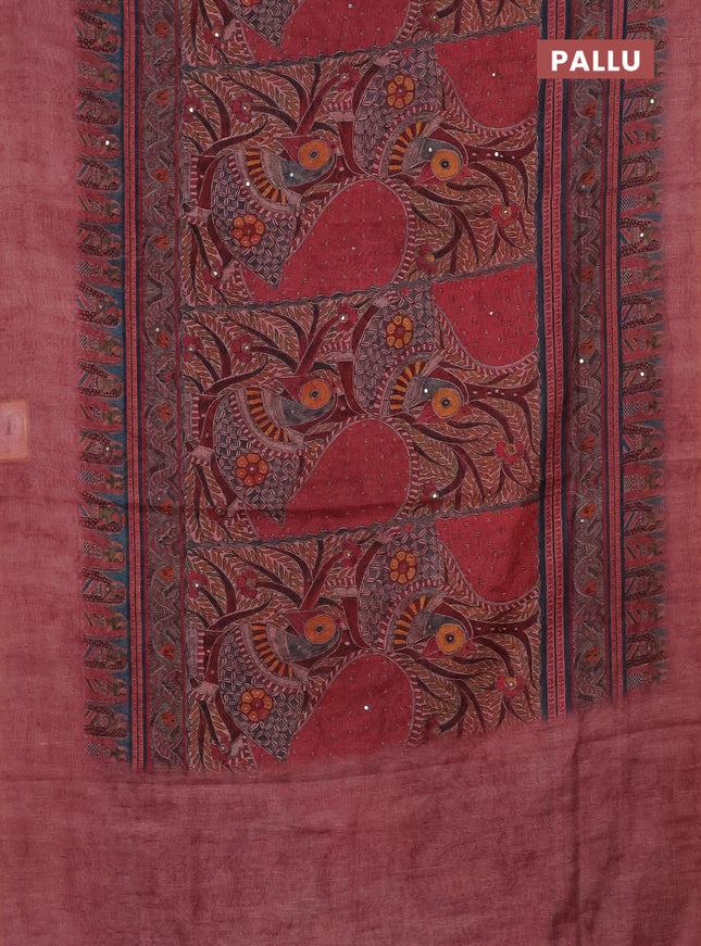 Semi linen saree maroon shade with allover madhubani prints & mirror work