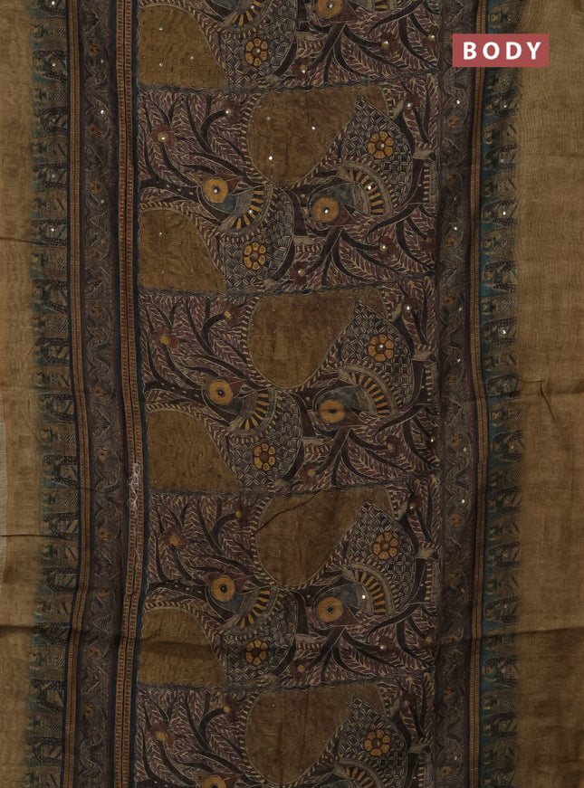 Semi linen saree sap green shade with allover madhubani prints & mirror work