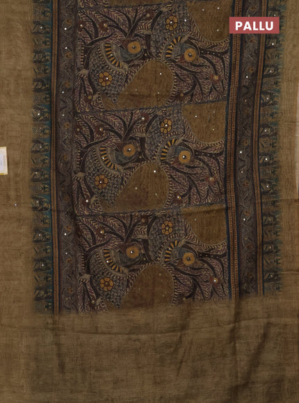 Semi linen saree sap green shade with allover madhubani prints & mirror work