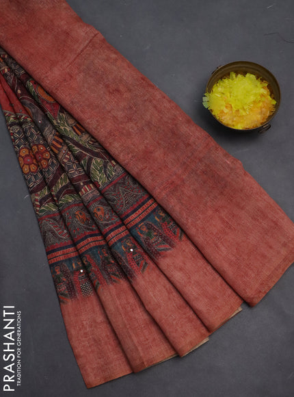 Semi linen saree red shade with allover madhubani prints & mirror work