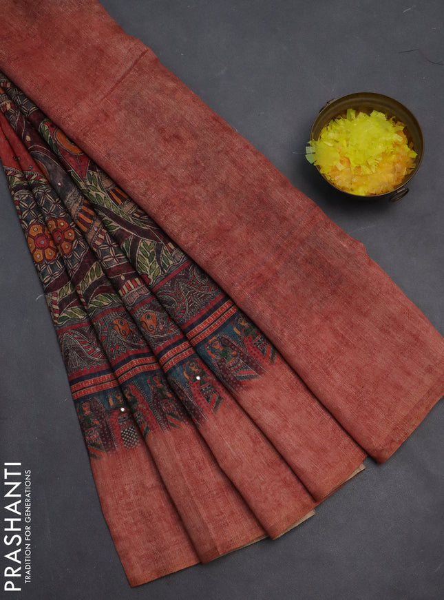 Semi linen saree red shade with allover madhubani prints & mirror work