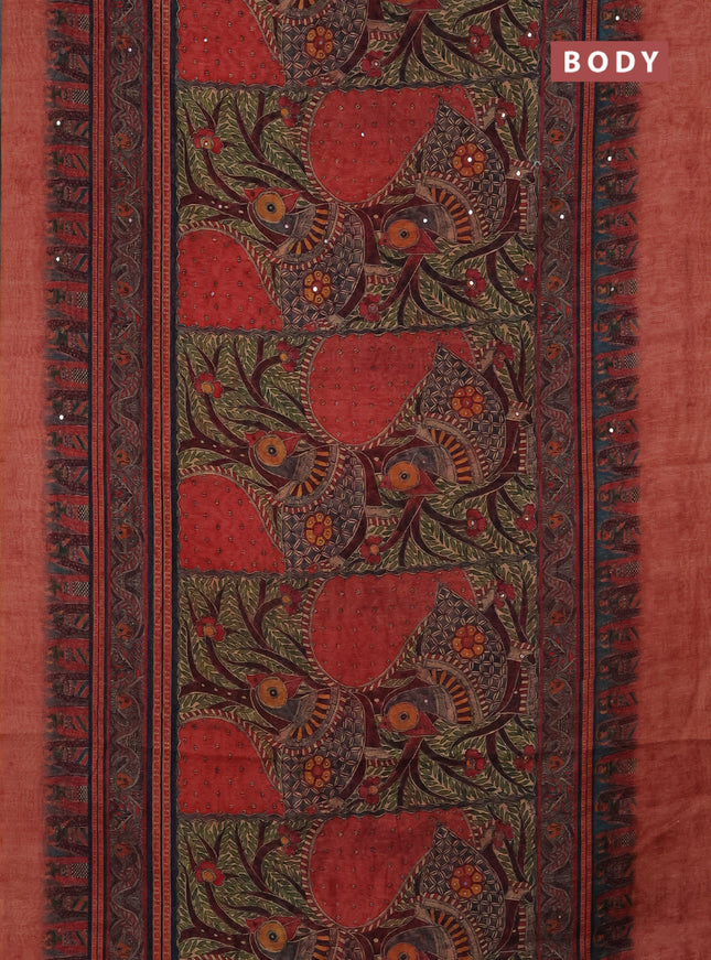 Semi linen saree red shade with allover madhubani prints & mirror work