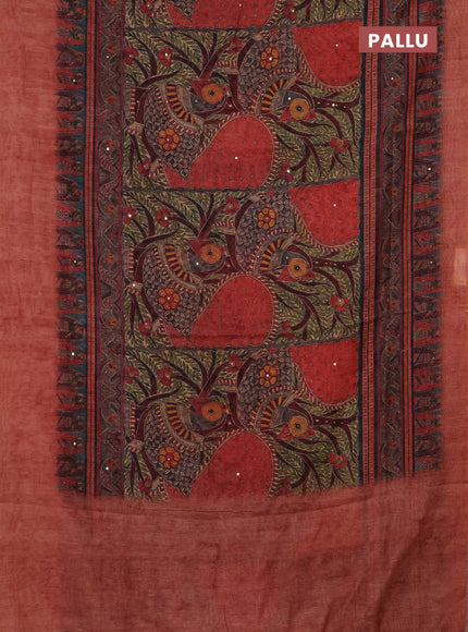 Semi linen saree red shade with allover madhubani prints & mirror work
