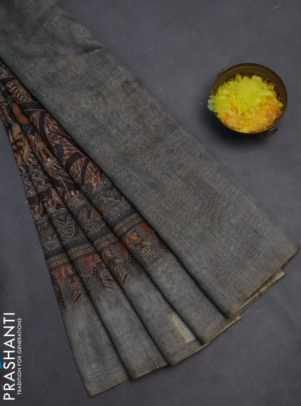 Semi linen saree grey shade with allover madhubani prints & mirror work