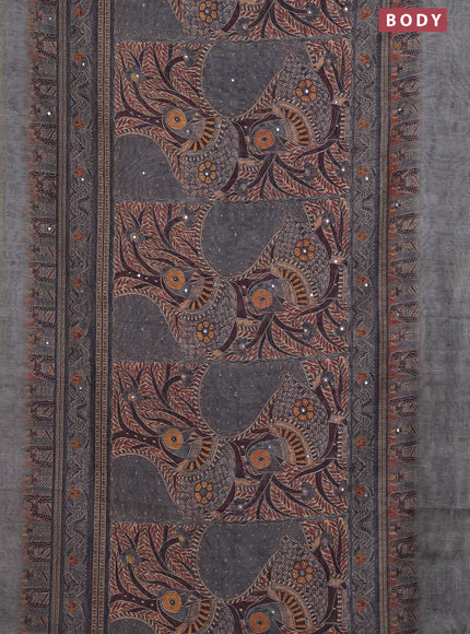 Semi linen saree grey shade with allover madhubani prints & mirror work